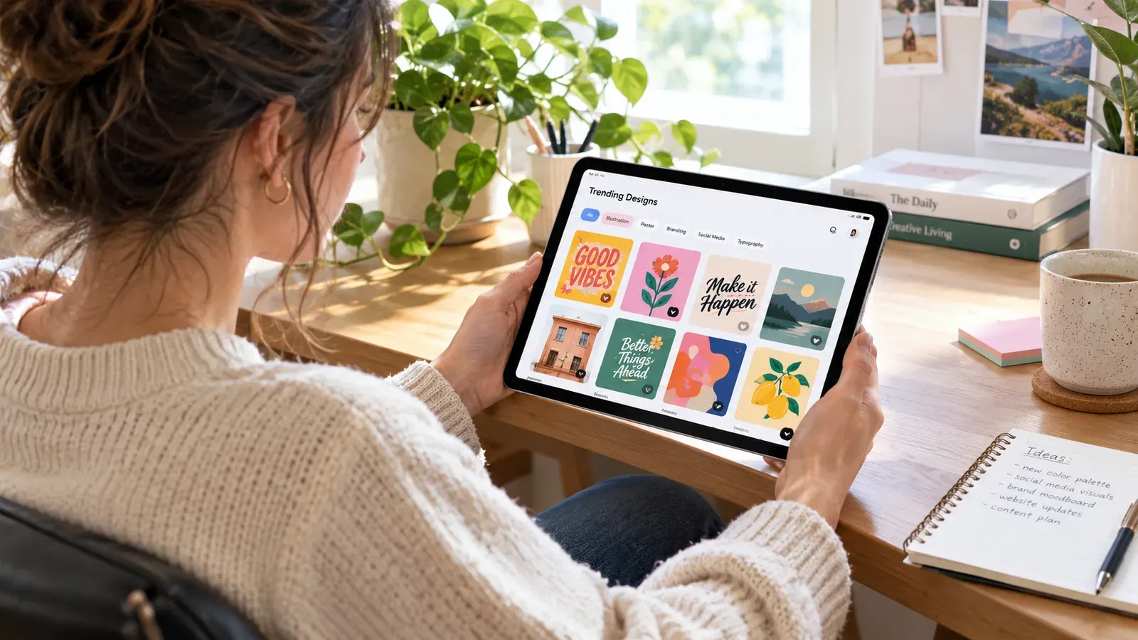 Etsy seller reviewing trending designs on a tablet