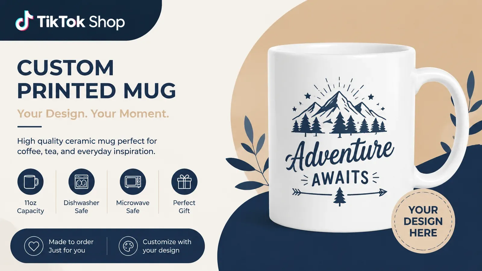 TikTok Shop product listing card for a print on demand mug