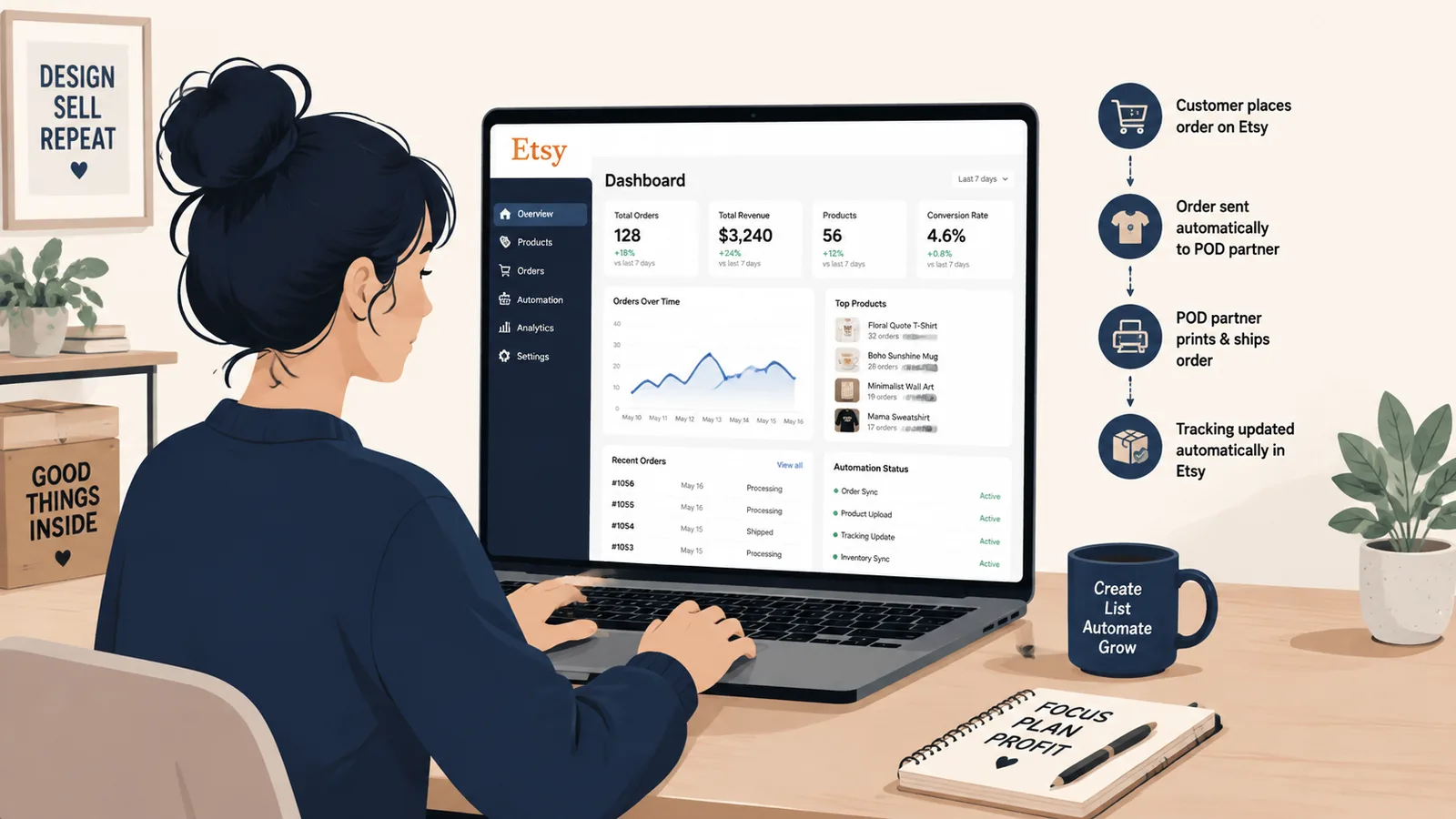 Etsy seller using automated POD dashboard on laptop