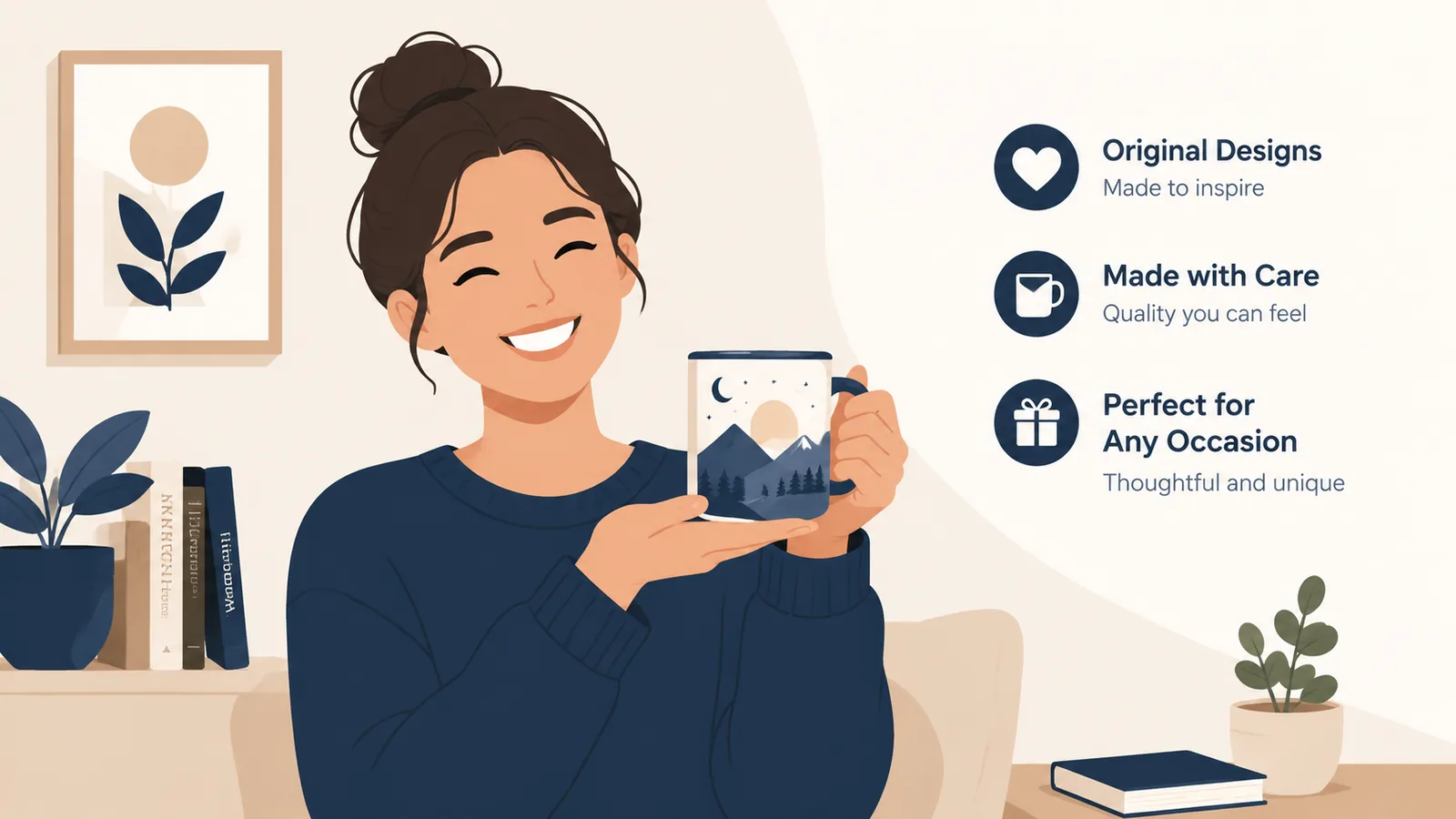 Happy customer holding a unique print-on-demand mug with original design