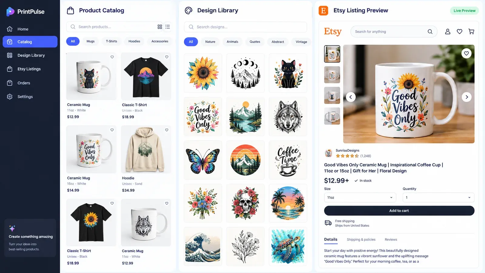 An organized digital workspace showing a product catalog, design library, and a listing preview all in one screen