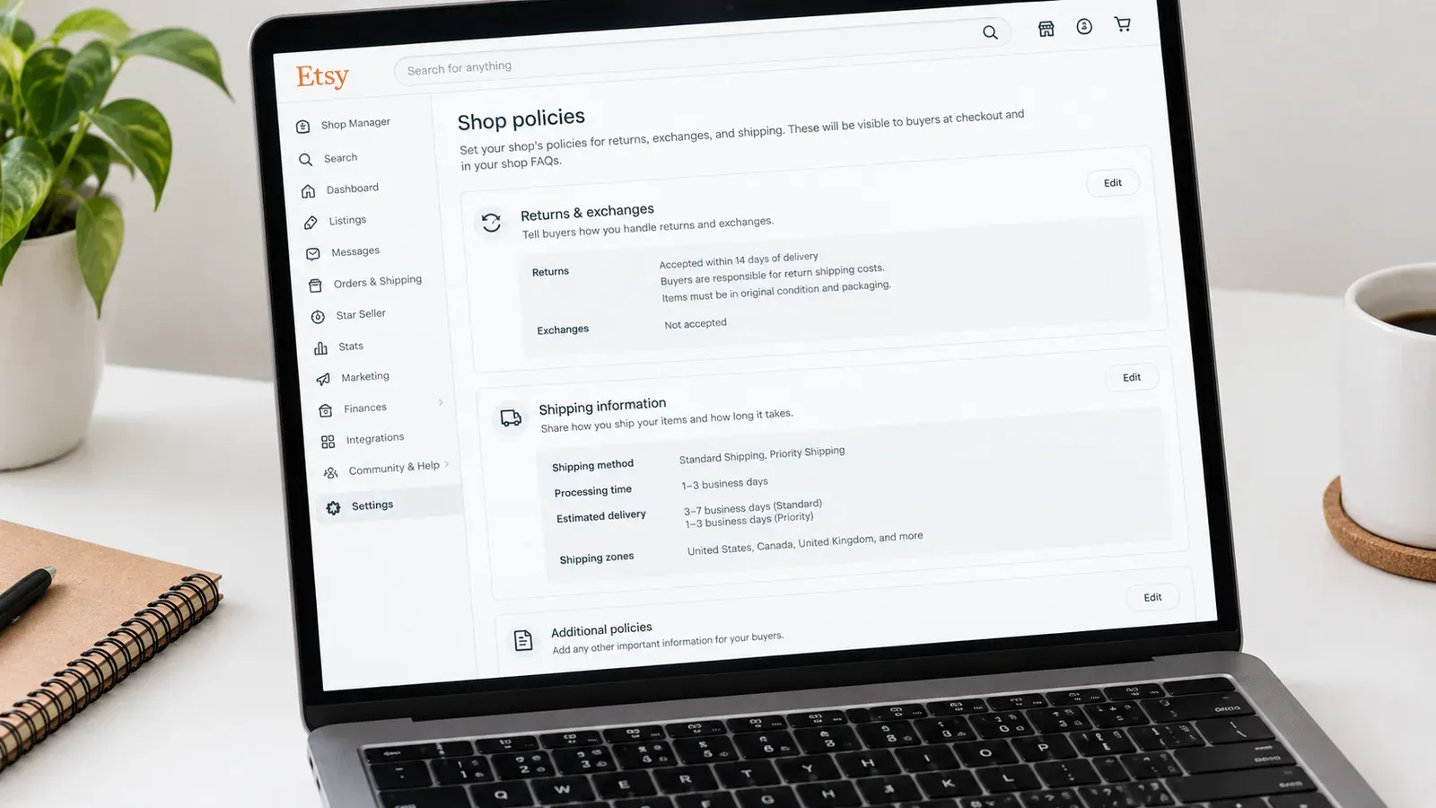 Etsy shop policies settings page with return and shipping options