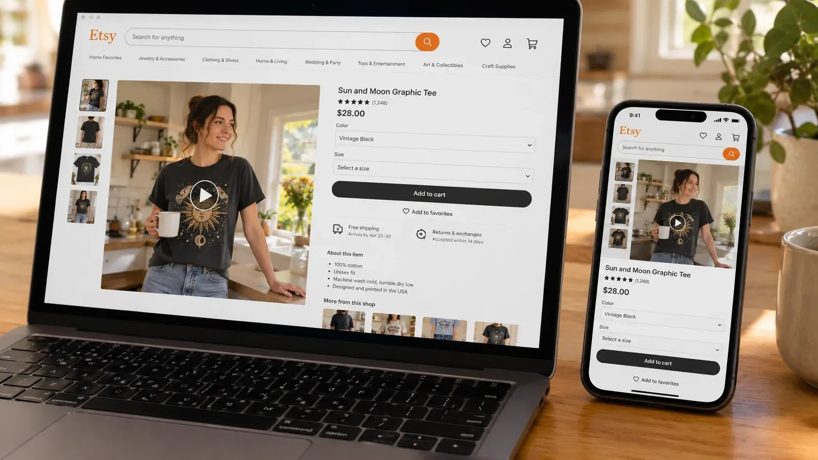 Laptop screen showing Etsy listing with a unique lifestyle video thumbnail, and a mobile phone displaying the same video in a shopper's feed