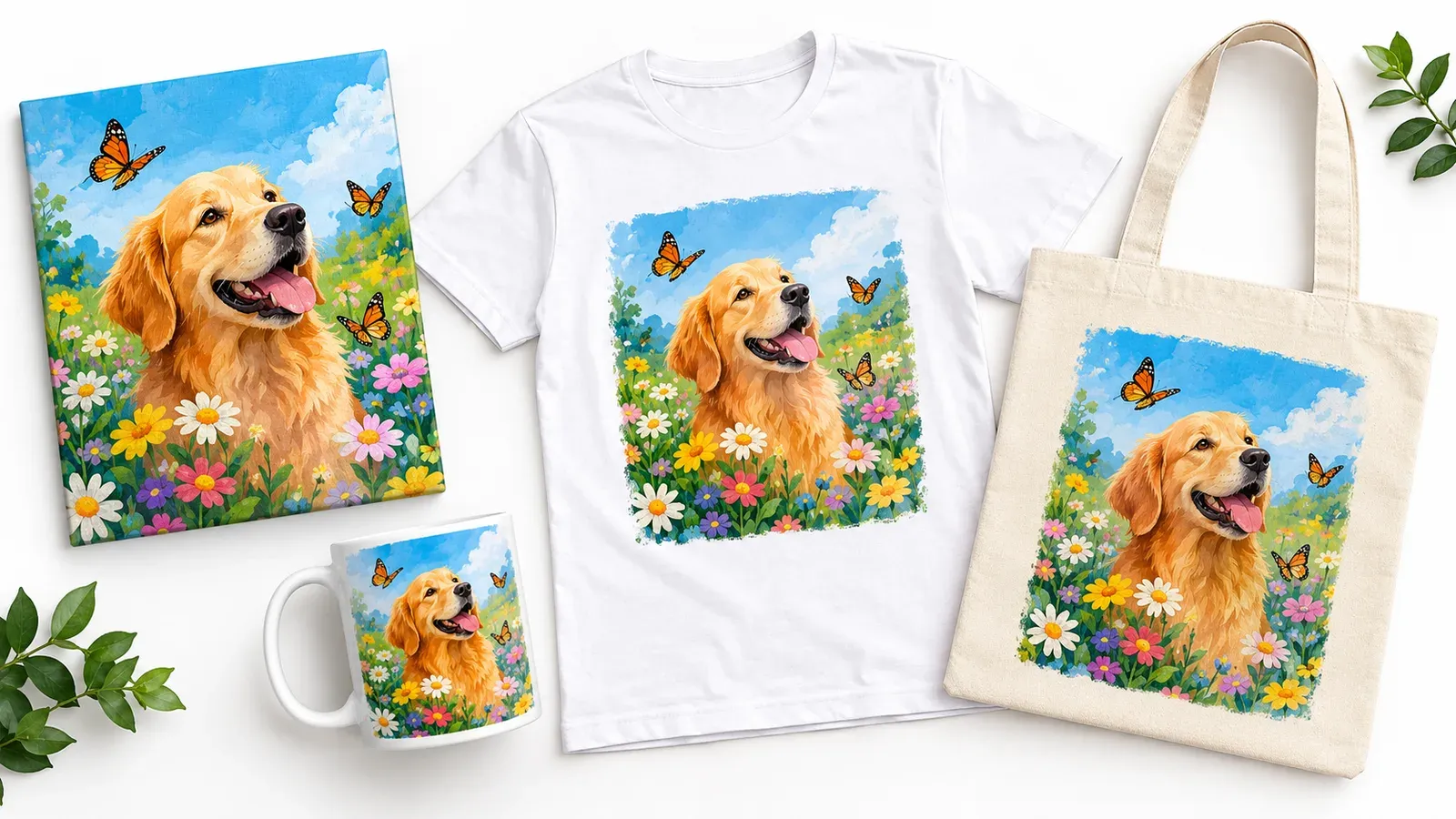 Print-on-demand product variety with one design applied to multiple items