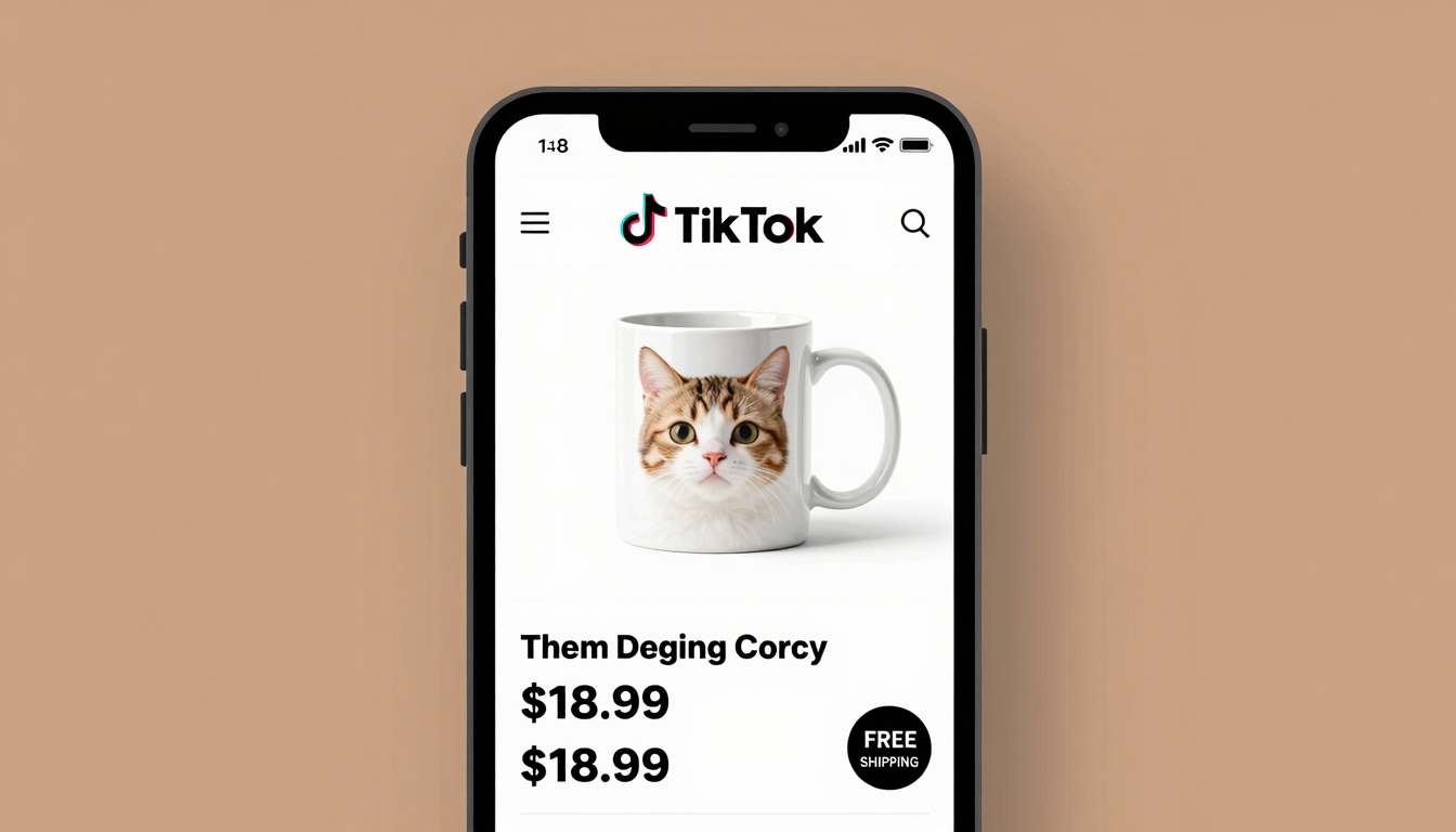 TikTok Shop product listing card for a print on demand mug