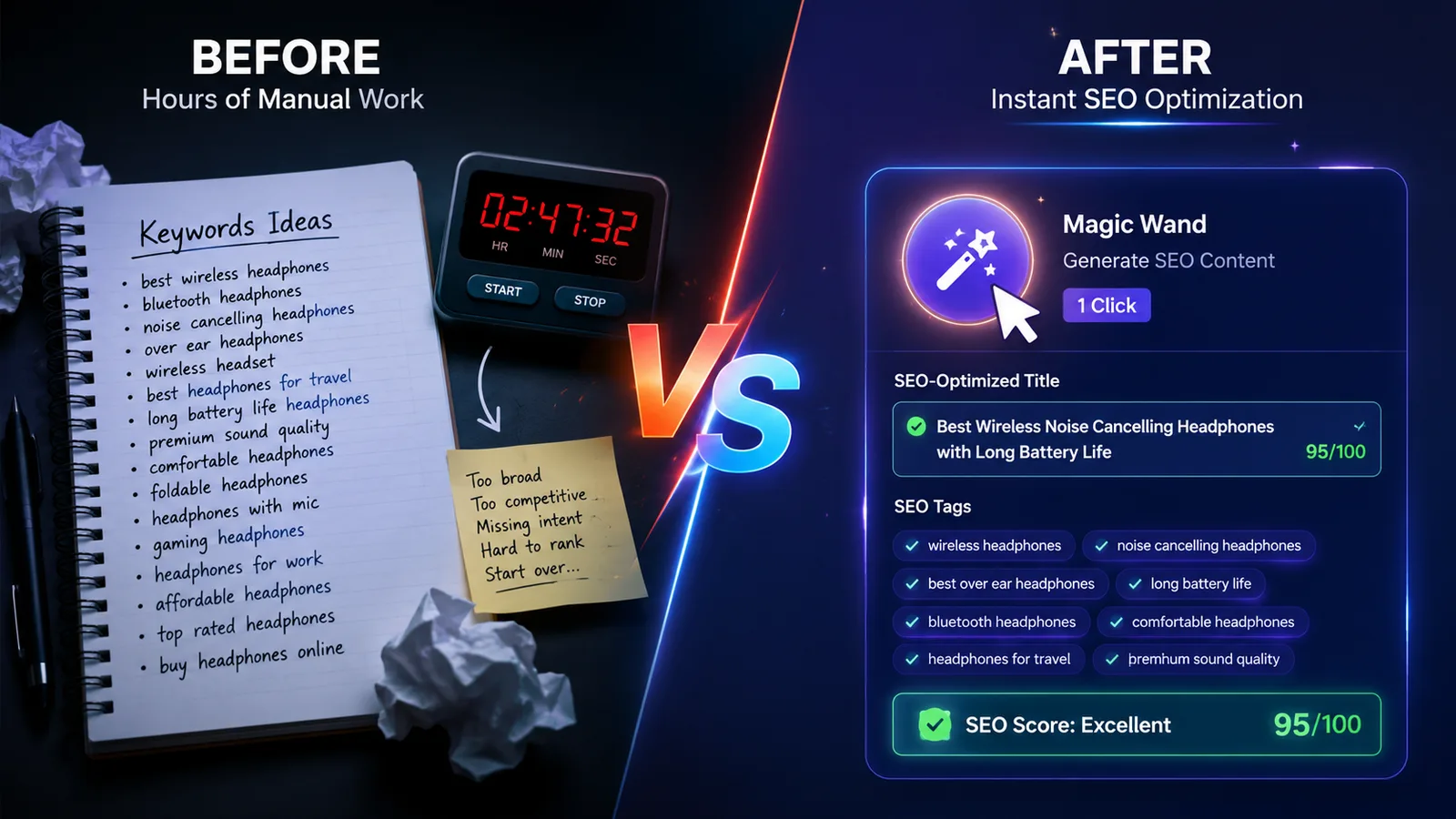 Manual keyword research vs. Magic Wand one-click SEO optimization