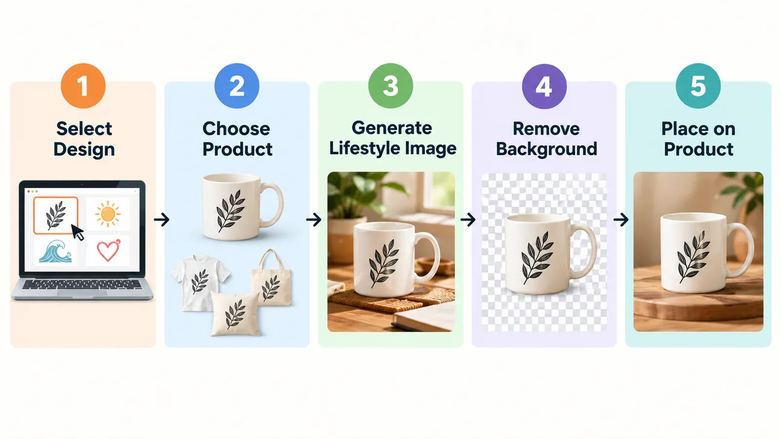 a flowchart style infographic showing a 5-step Etsy photography workflow: select design, choose product, generate lifestyle image, remove background, place on product, clean digital illustration with icons