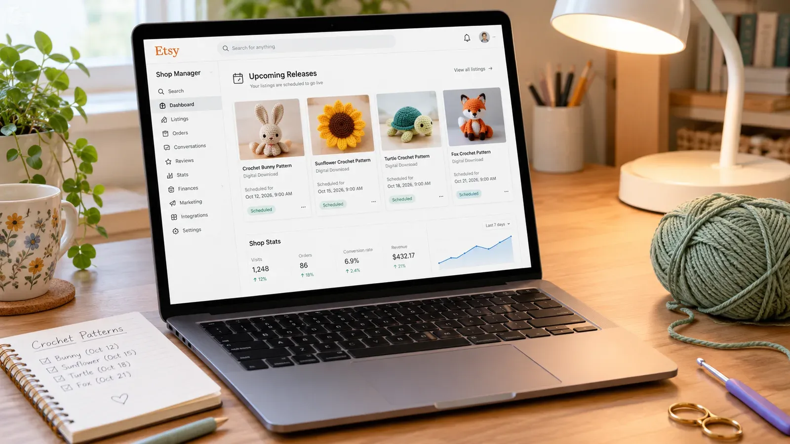 Crochet pattern shop dashboard showing multiple scheduled listings
