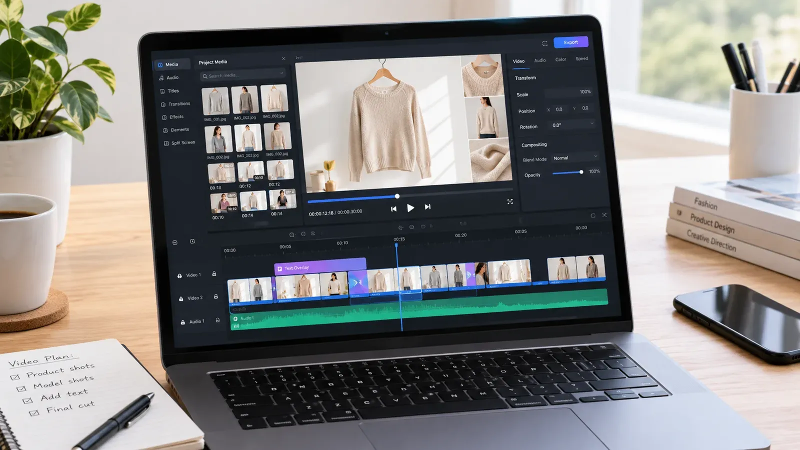 Product video being created from mockup images on a laptop