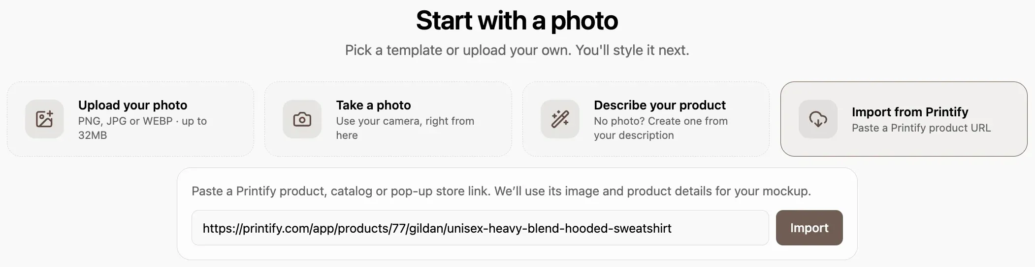 The Listybox start screen with Import from Printify picked among four options, and a Printify product link pasted into the box below it