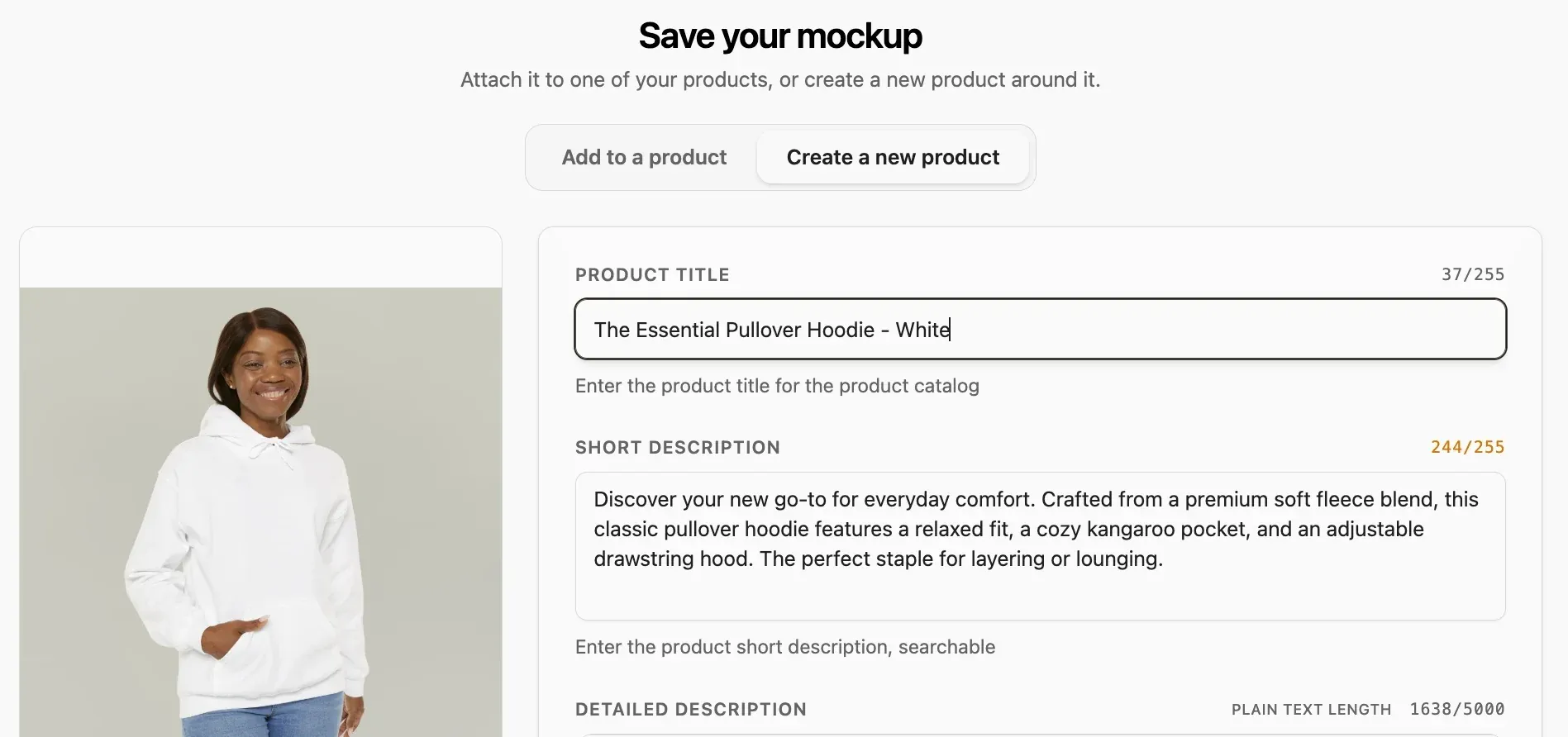 The save screen with the product title and the short description written in, and the detailed description filled