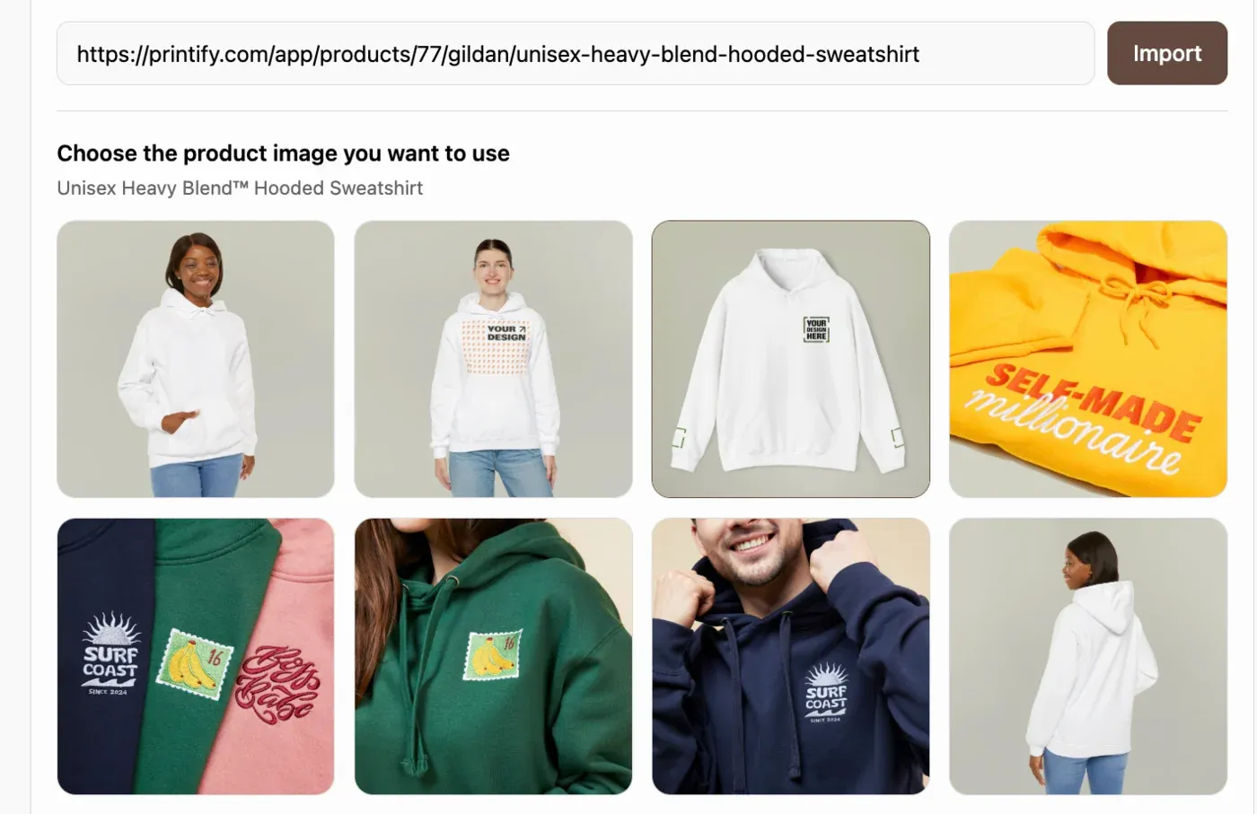 The Printify link resolved: the product name and the product images it brought in, waiting to be picked in Listybox