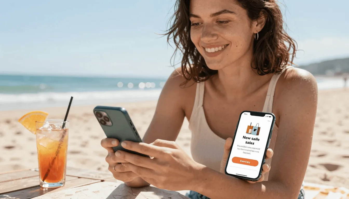 Etsy seller happily checking sales notifications on a smartphone while on vacation