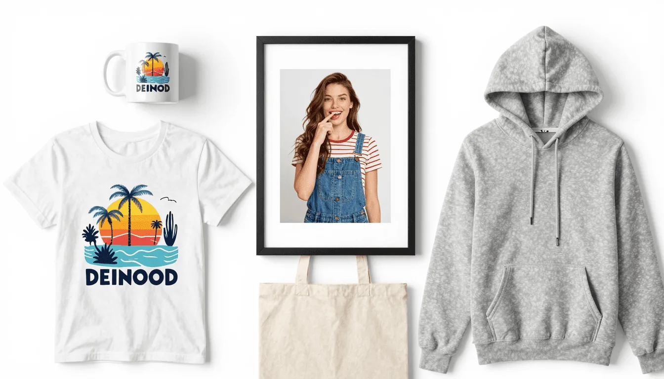 Colorful array of print on demand products including mugs, t-shirts, and posters