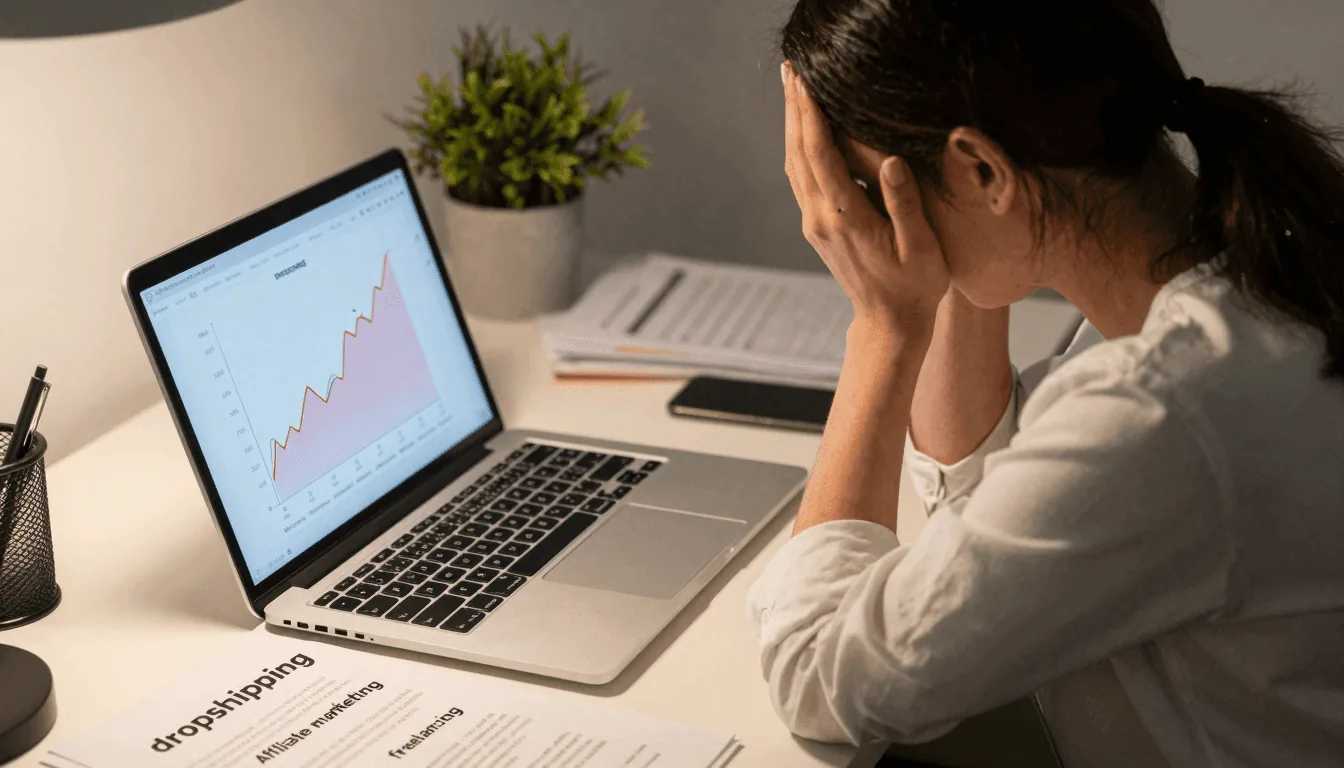 Frustrated woman looking at laptop surrounded by failed online business schemes