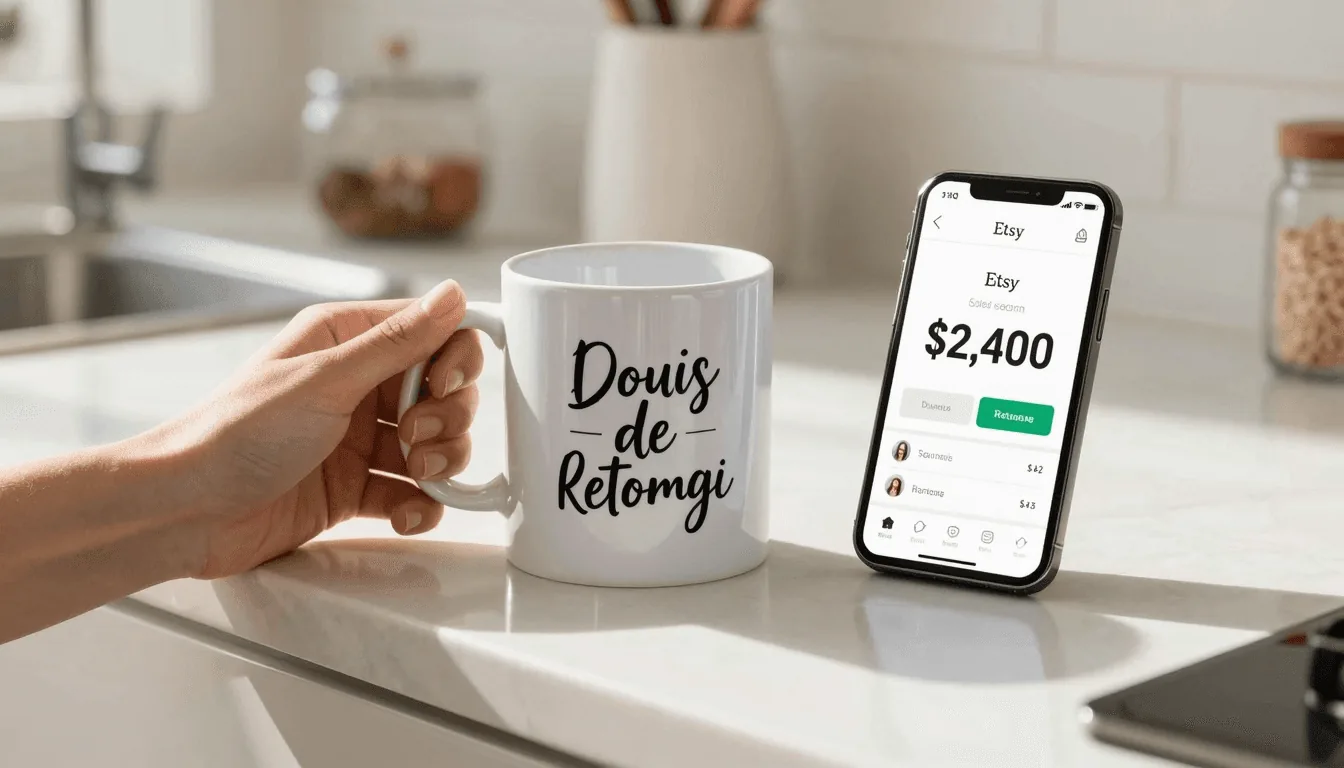 Happy seller holding a printed mug with custom design, Etsy app open on phone