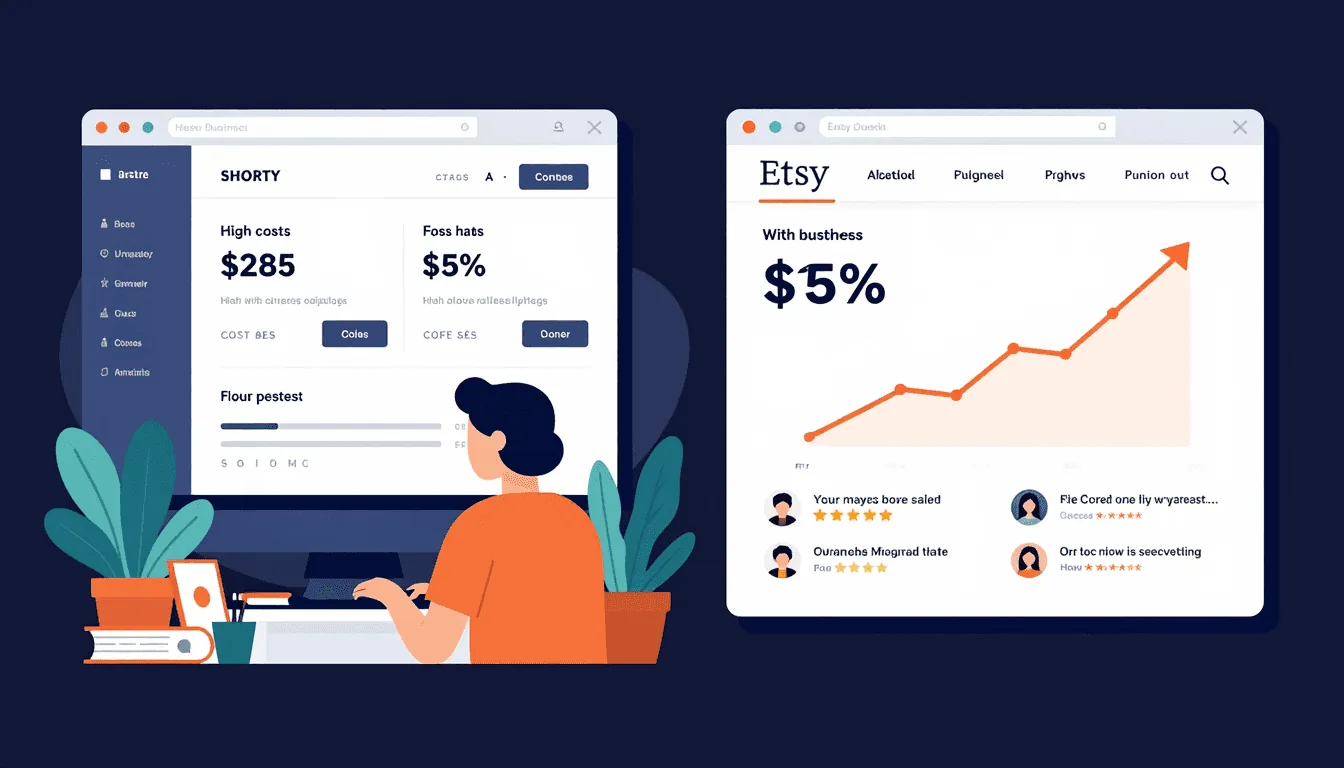 Side-by-side comparison of Shopify and Etsy dashboards with pros and cons