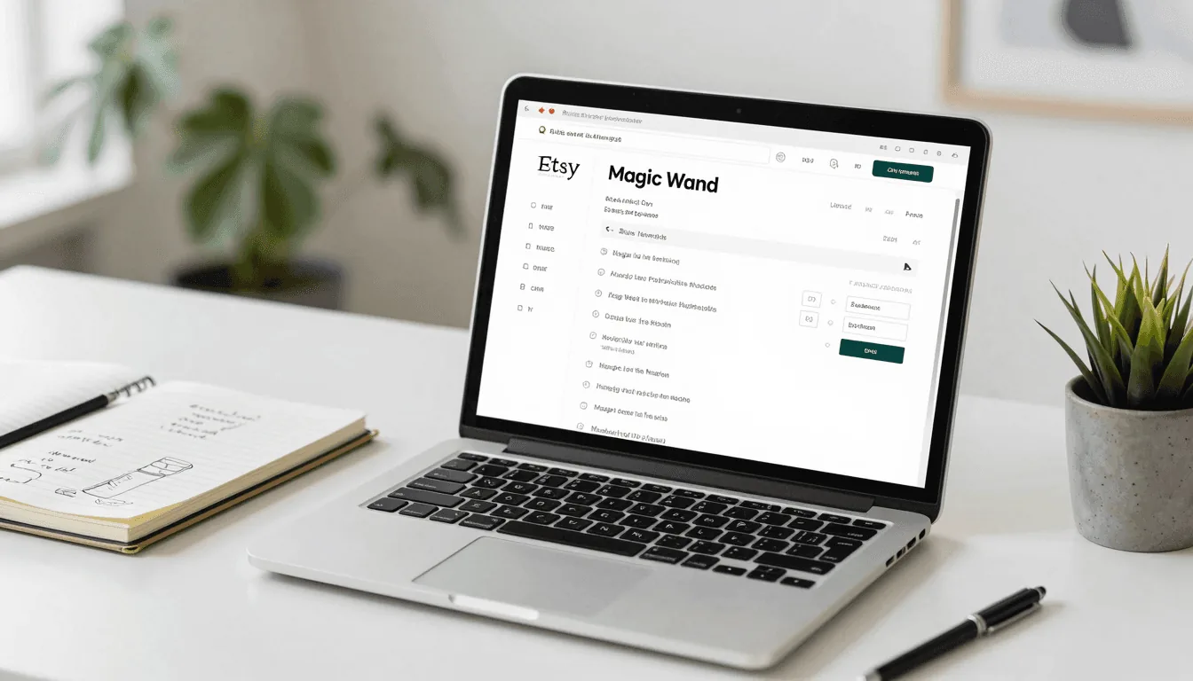 A clean, organized Etsy seller dashboard showing a listing being optimized with keyword suggestions and a high quality score