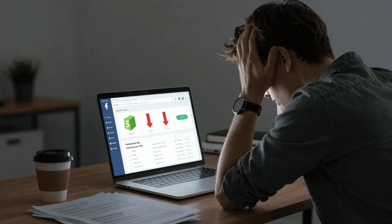 A stressed person looking at a laptop with Shopify analytics showing red negative numbers and a Facebook Ads manager dashboard with high costs