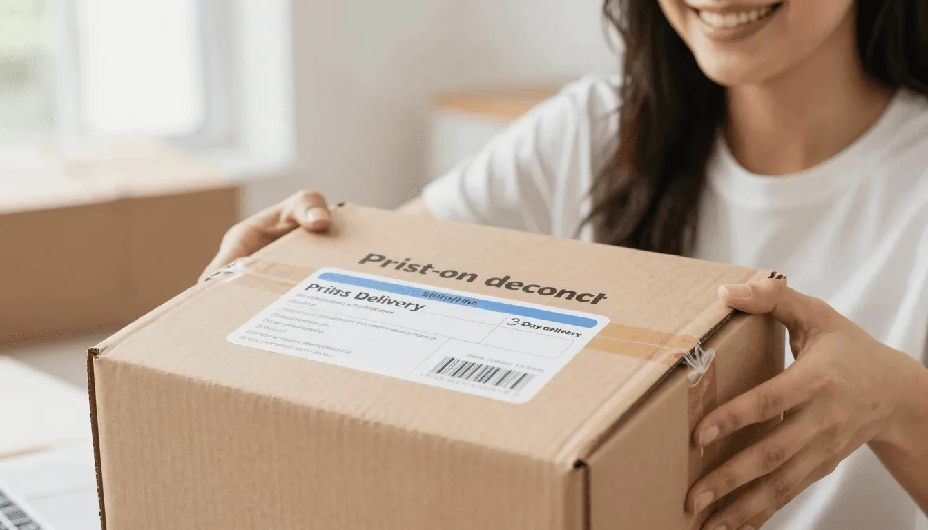 Happy customer receiving a branded package with fast delivery