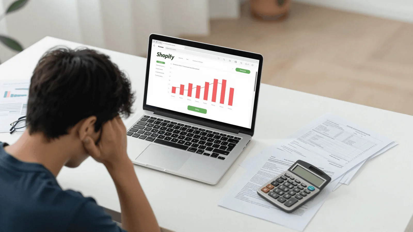 A desk with a calculator, receipts, a Shopify dashboard on a laptop, and a stressed person holding their head
