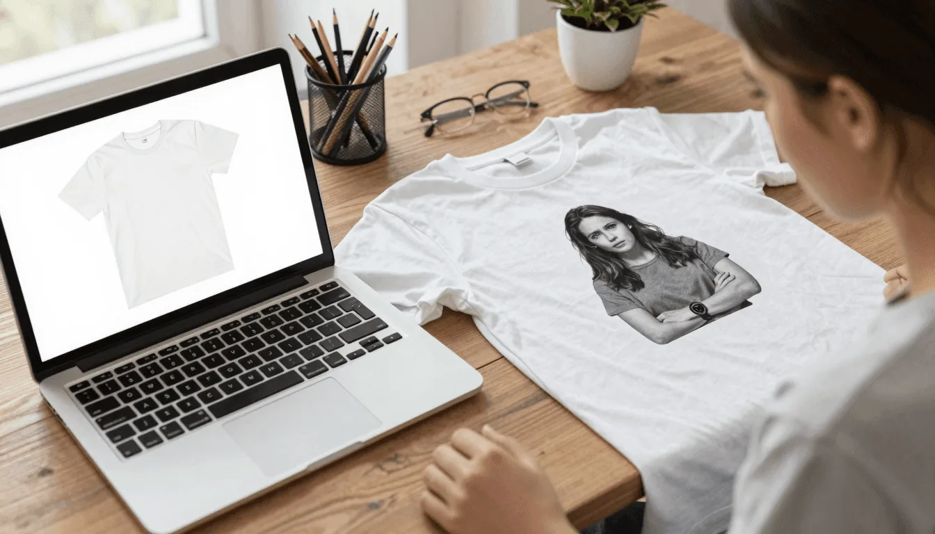 Etsy seller comparing a free mockup on screen with the actual printed t-shirt