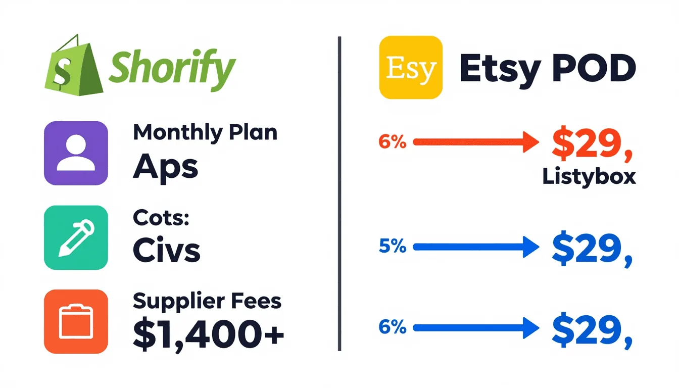 Cost comparison infographic between Shopify dropshipping and Etsy print on demand