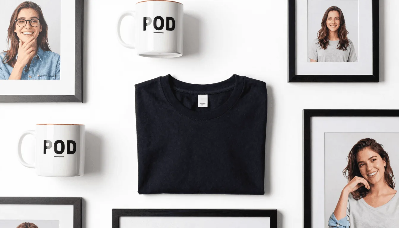 Colorful print on demand products including mugs t-shirts posters