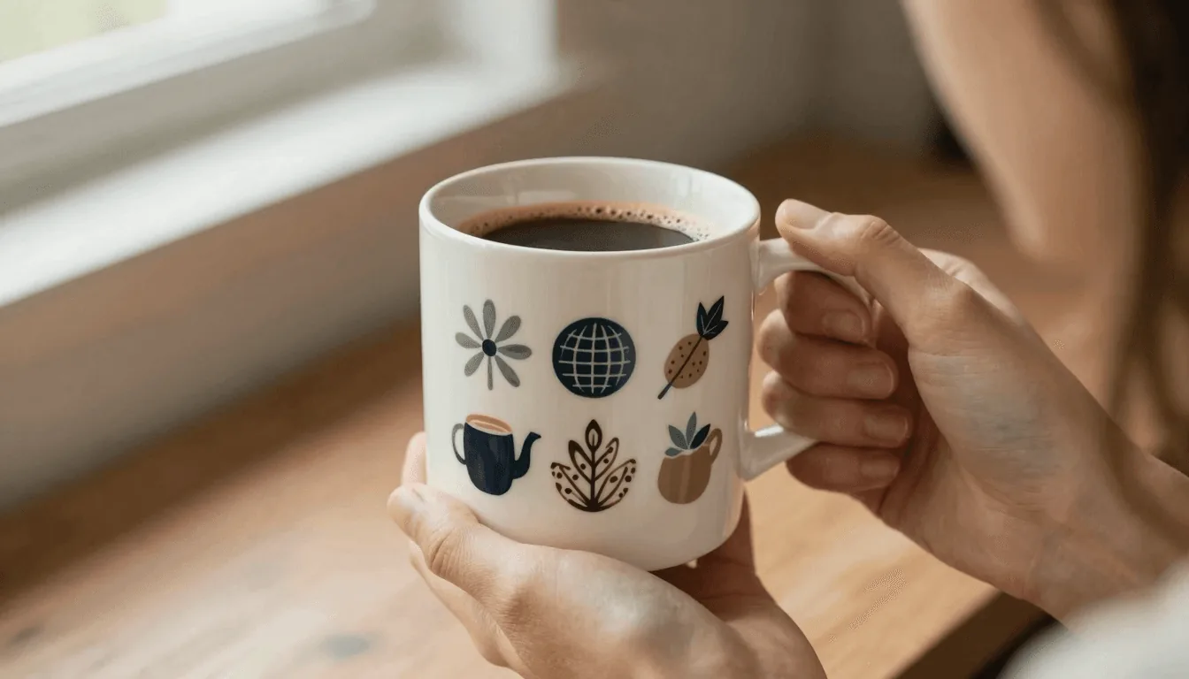A person holding a custom mug with a unique design, enjoying coffee on a cozy morning.