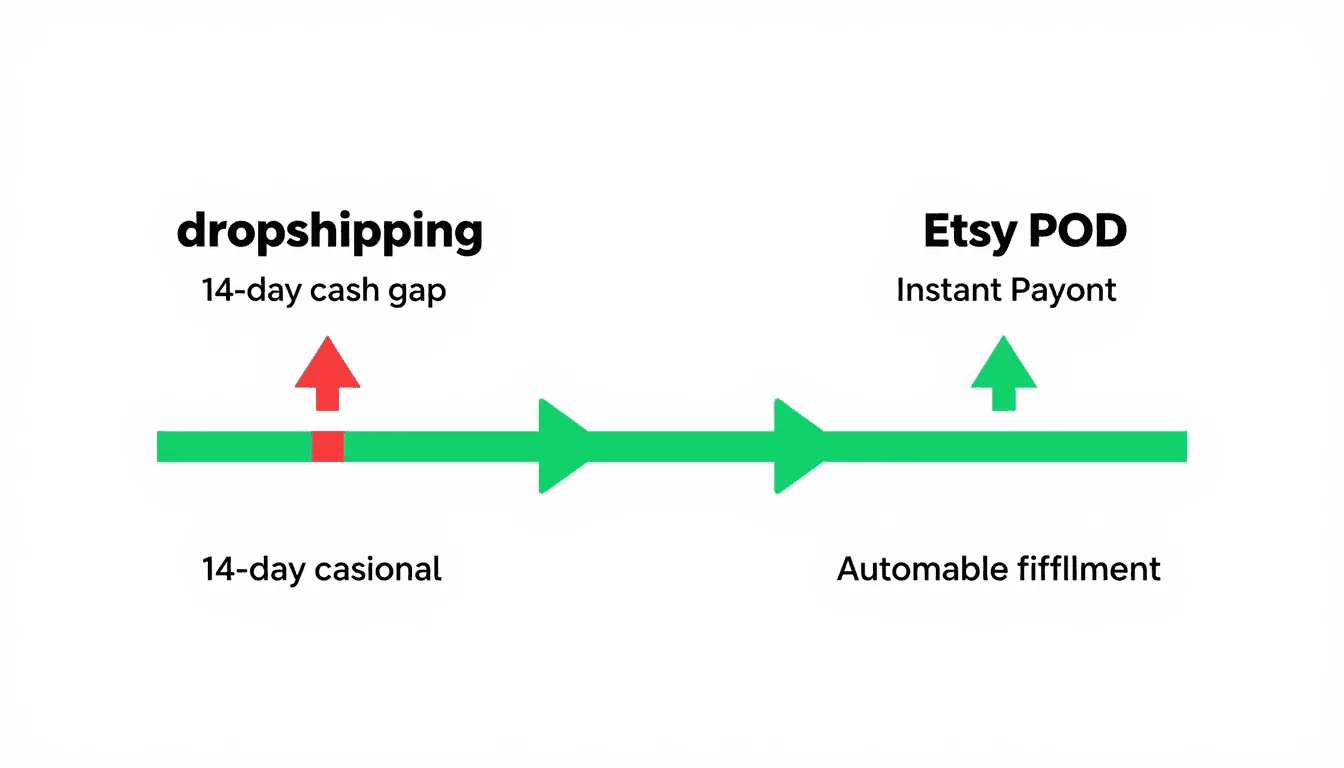 Infographic comparing cash flow cycle of Shopify dropshipping versus Etsy POD with automated fulfillment