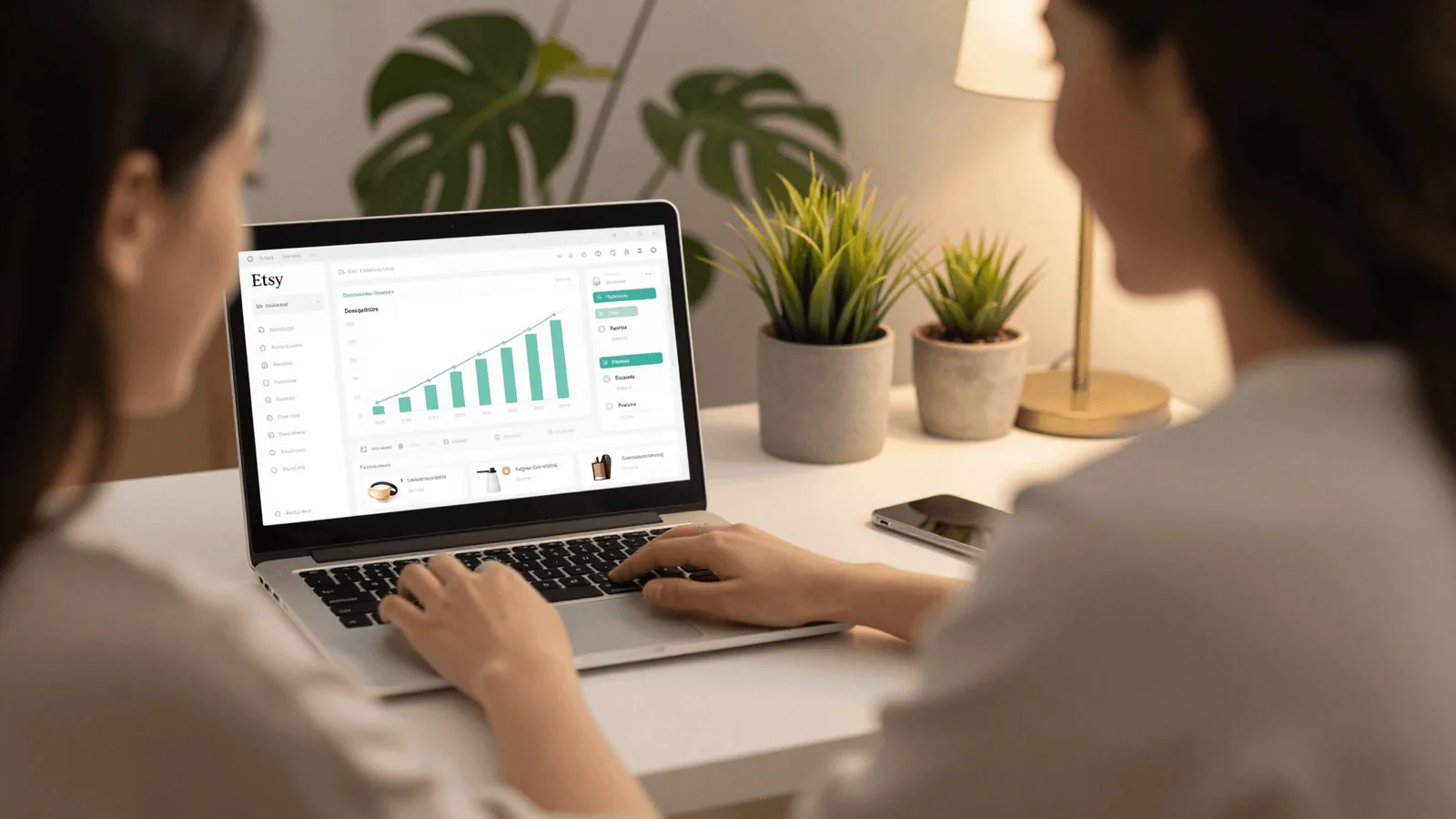 Etsy seller smiling while viewing product sales dashboard