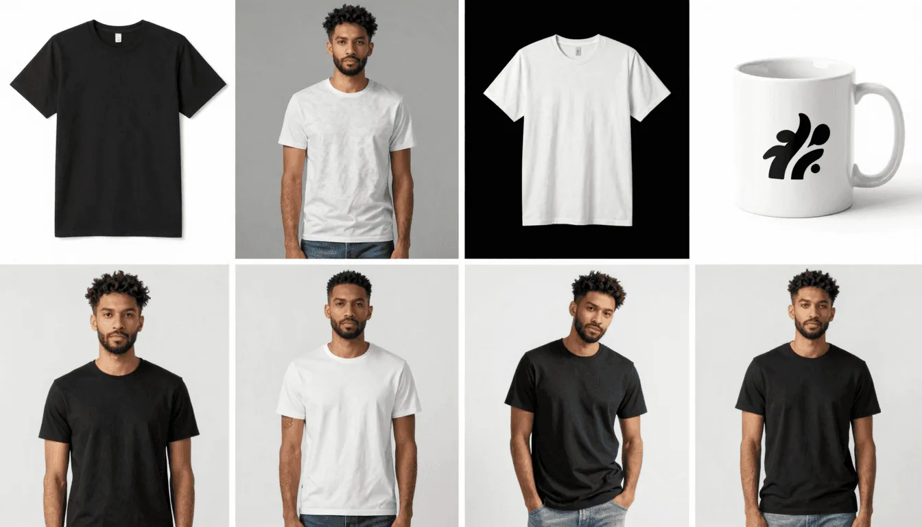 A diverse set of lifestyle mockups for t-shirts and mugs generated by Listybox