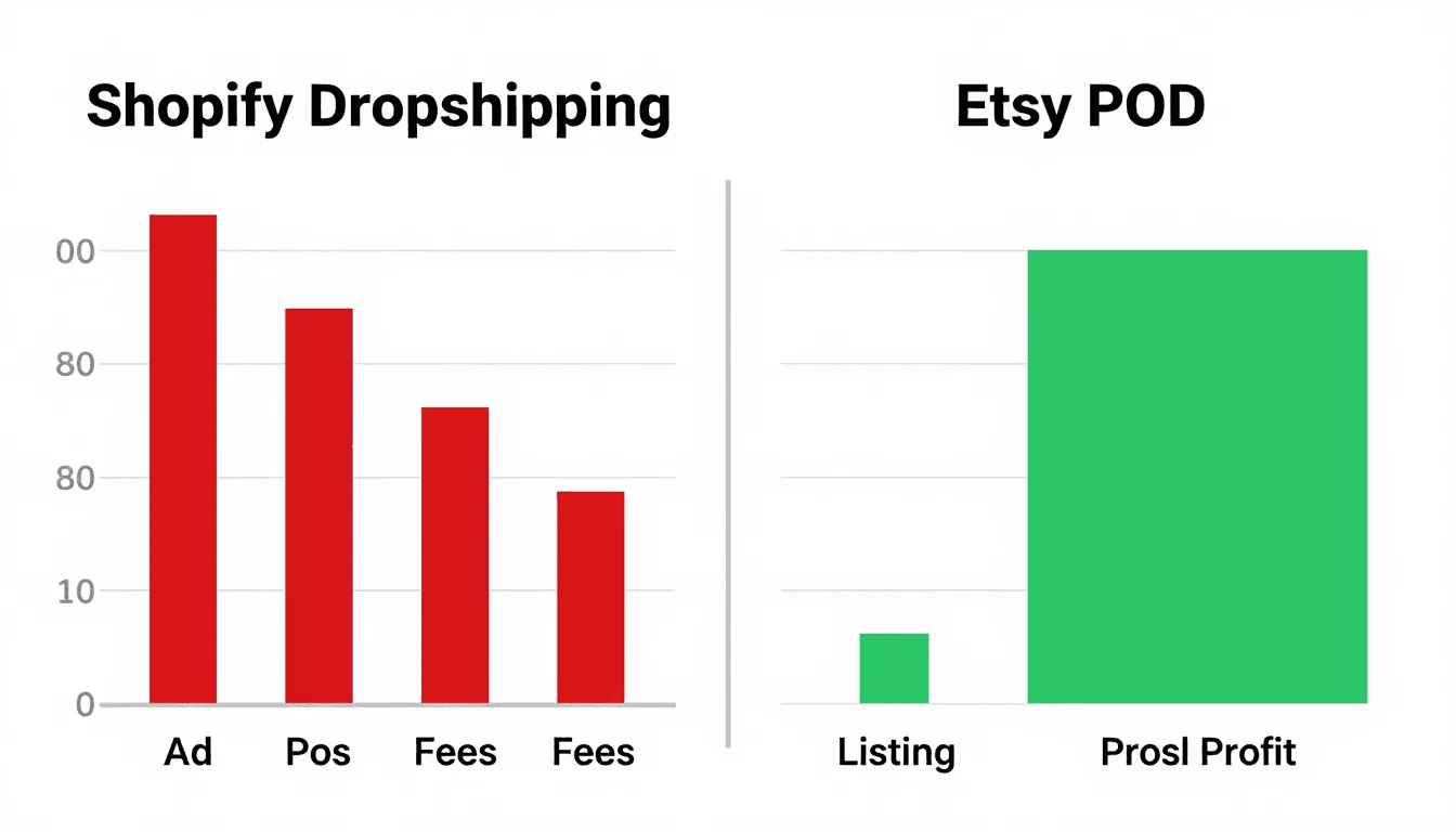A visual comparison chart showing the cost breakdown of Shopify dropshipping vs Etsy print on demand, highlighting the massive difference in ad spend