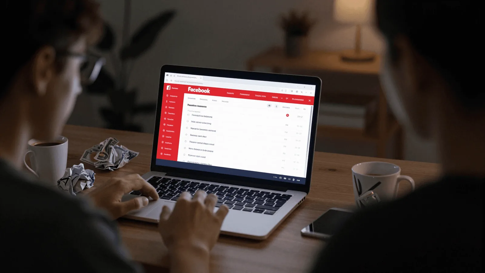 Stressed entrepreneur looking at failed Shopify ads dashboard with red numbers and bills