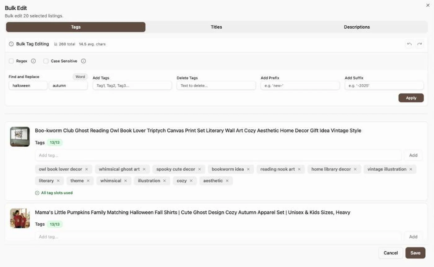 Listybox screen: bulk edit with 20 listings selected, find and replace on tags.